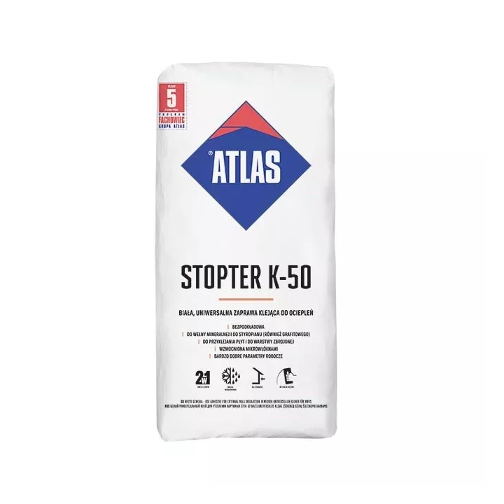 Atlas - weißer Klebemörtel aus Styropor und Wolle Stopter K-50